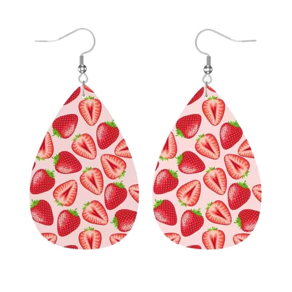 Leather Strawberry Print Pink and Red Teardrop Drop Earrings - Picture 8 of 8